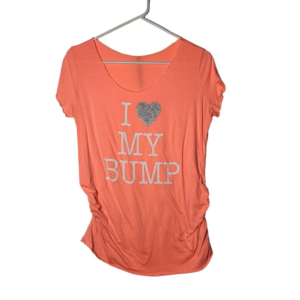 Womens Maternity Neon Orange I Love My Bump Cinched Short Sleeve‎ Shirt Medium
